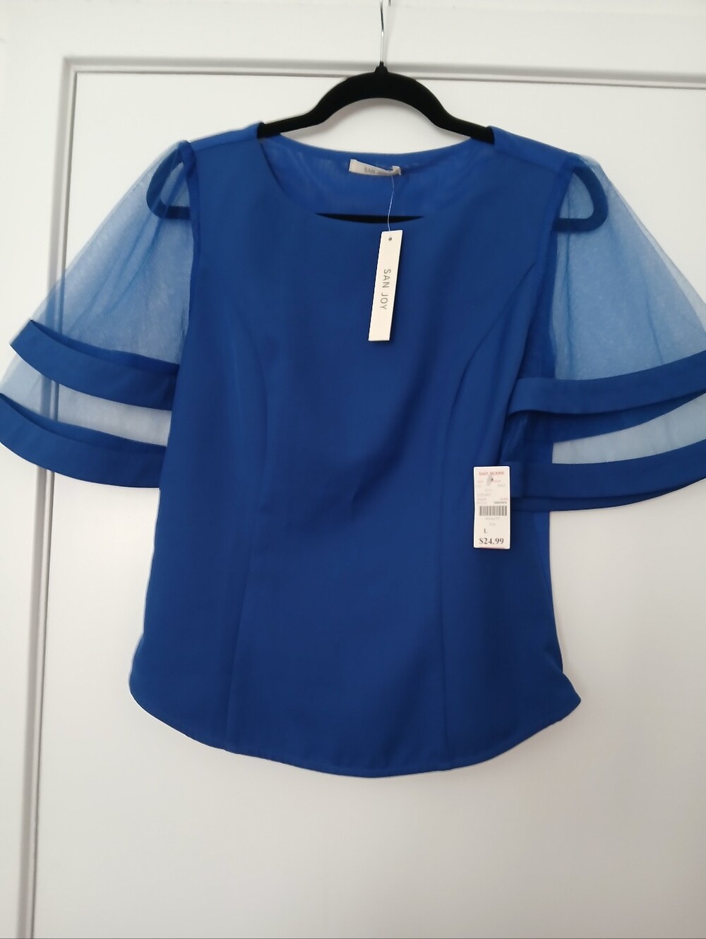 San Joy Cobalt Blue Sheer Tiered Sleeve Blouse